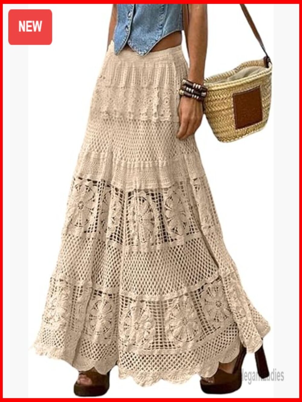 Women's Maxi Skirt A-Line Floral Lace Crochet Knit Boho Western Flowy